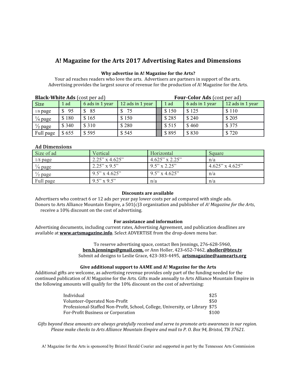 A! Magazine for the Arts 2017 Advertising Rates and Dimensions