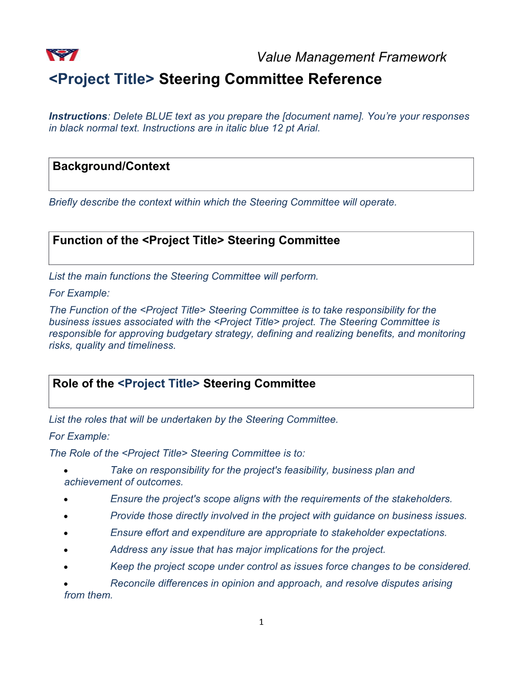 &lt;Project Title&gt; Steering Committee Reference