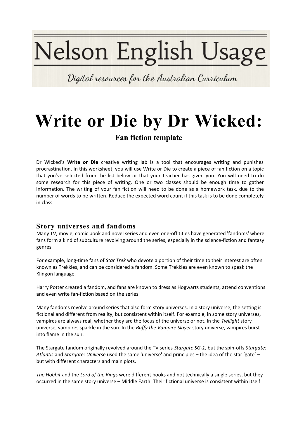 Write Or Die by Dr Wicked: Fan Fiction Template