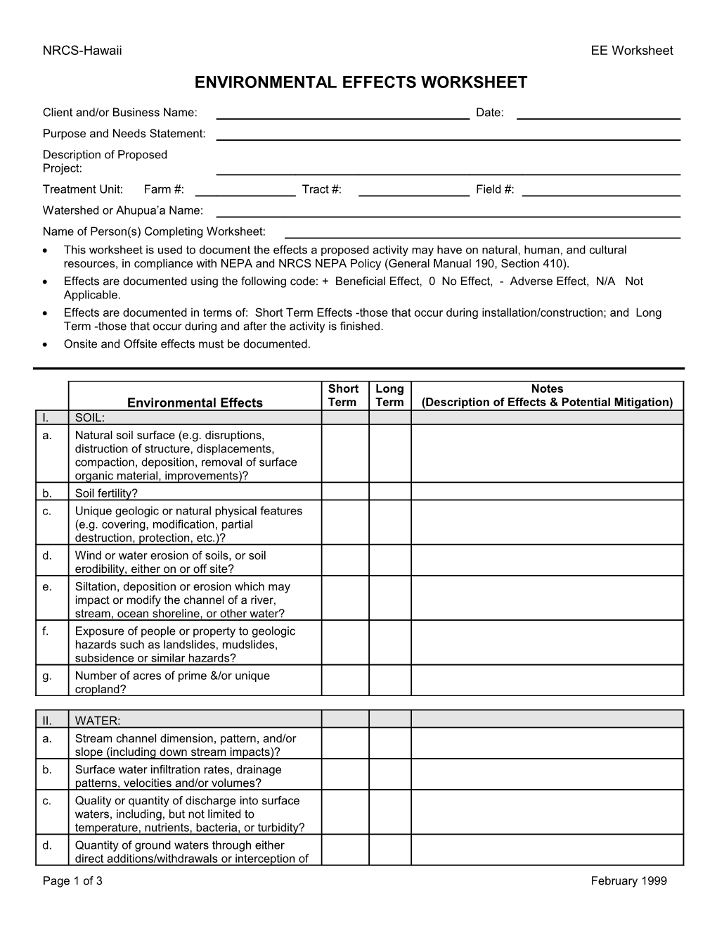 Environmental Evaluation Worksheet