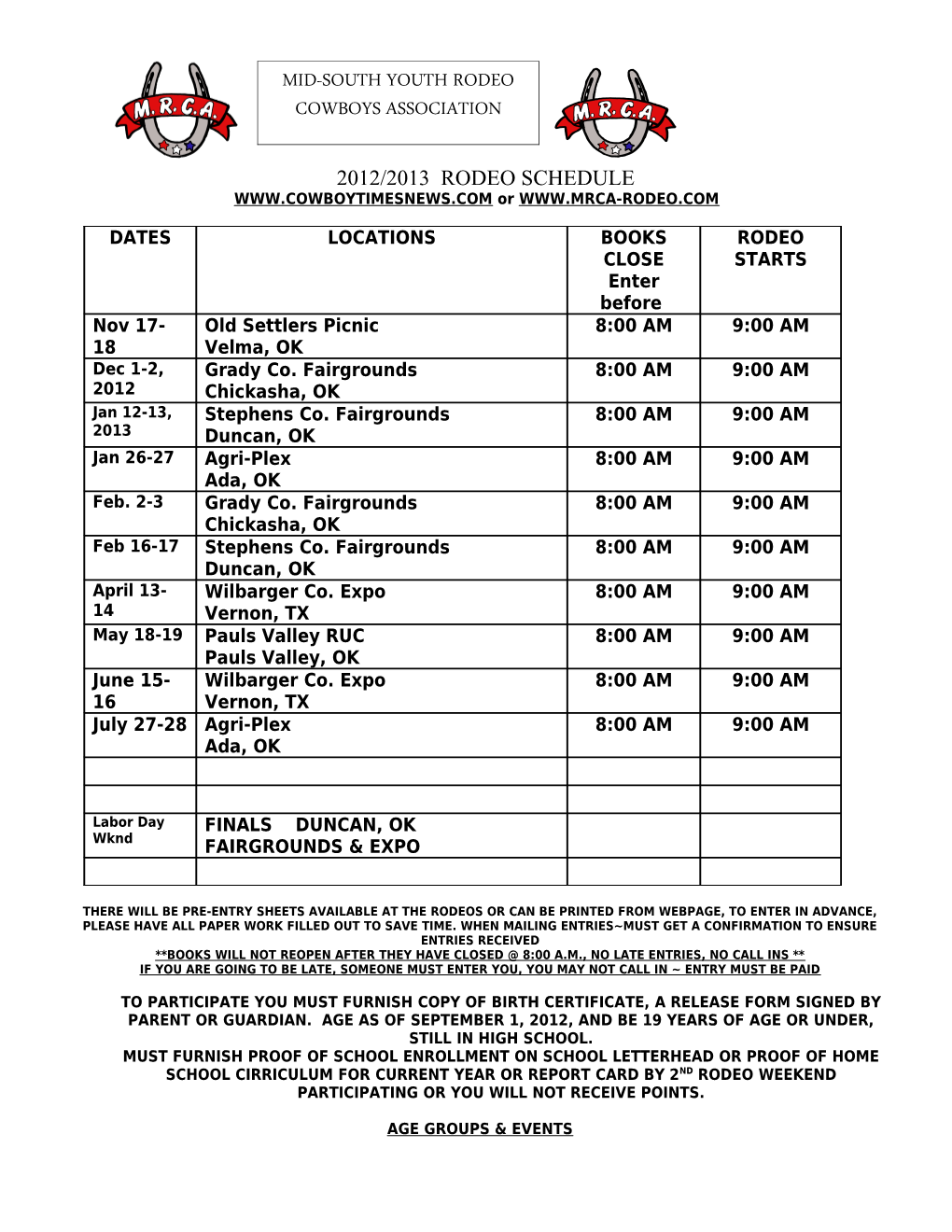 1999 Mrca Rodeo Schedule