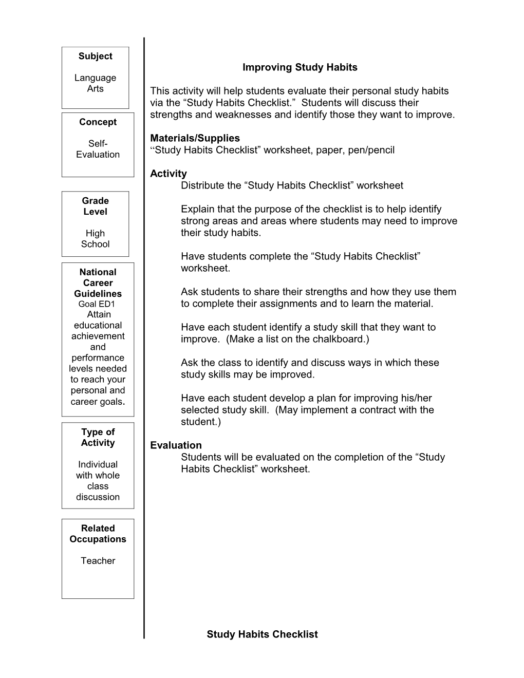 Study Habits Checklist Worksheet, Paper, Pen/Pencil