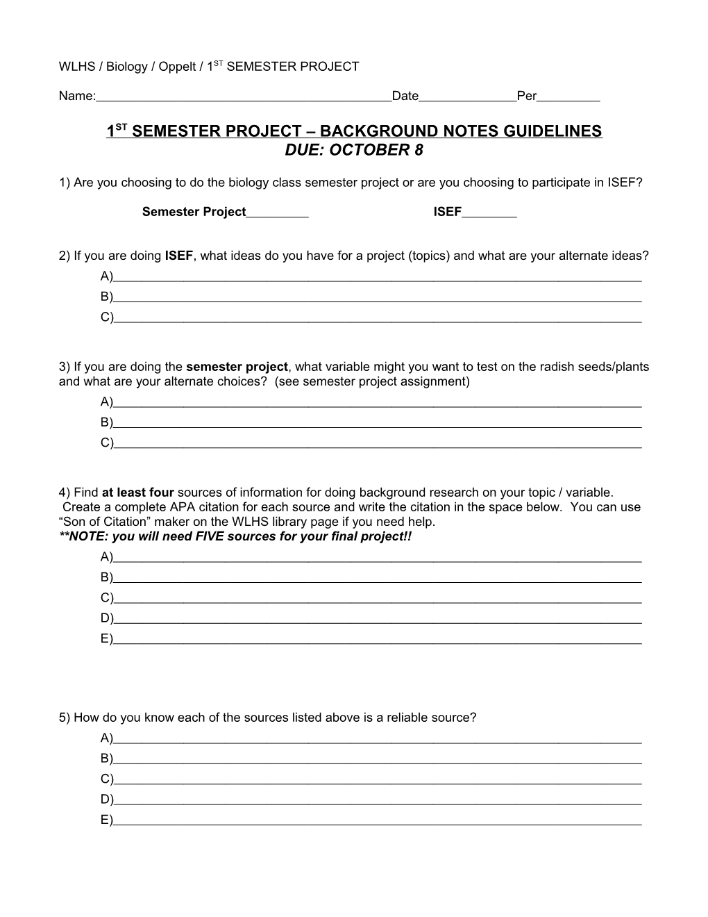 1St Semester Project Background Notes Guidelines