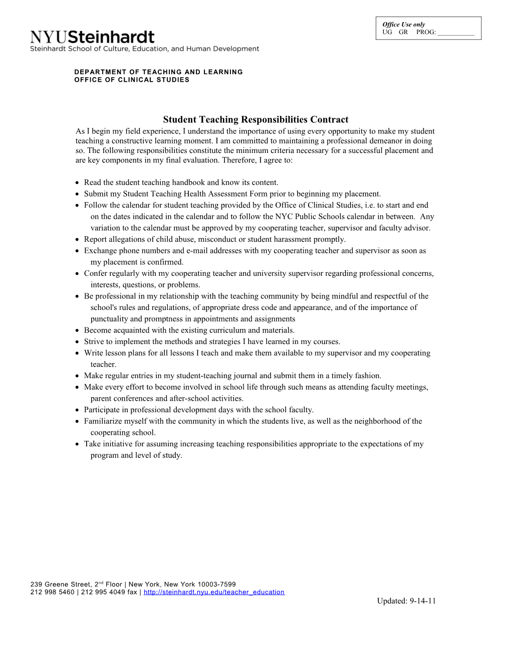 Student Teaching Responsibilities Contract