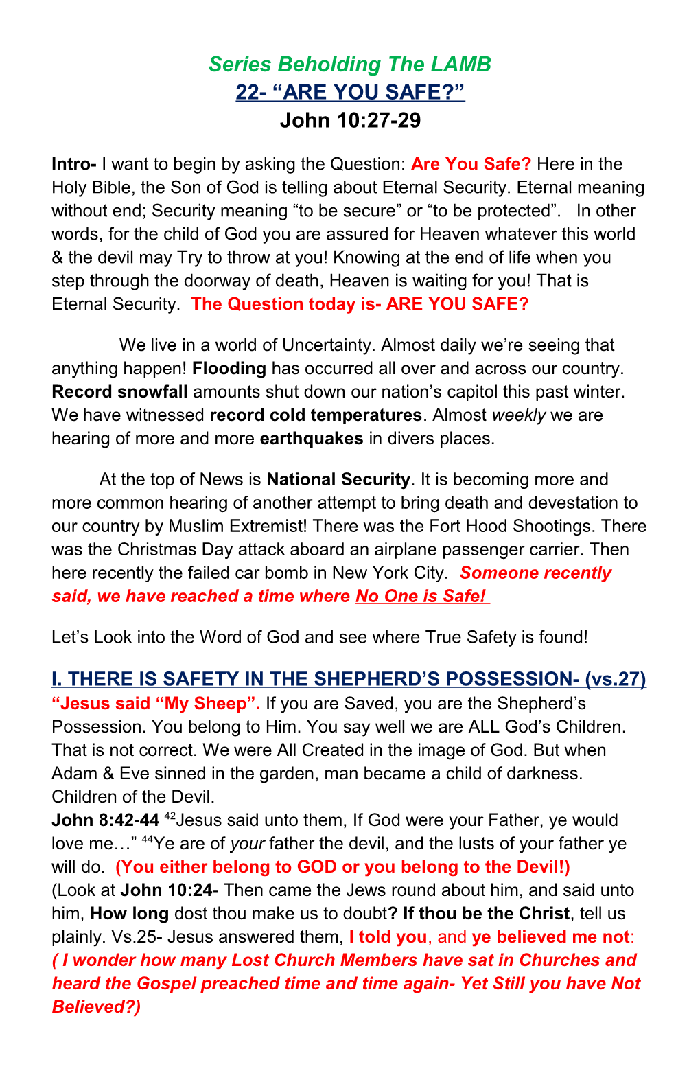 Series Beholding the LAMB 22- ARE YOU SAFE? John 10:27-29