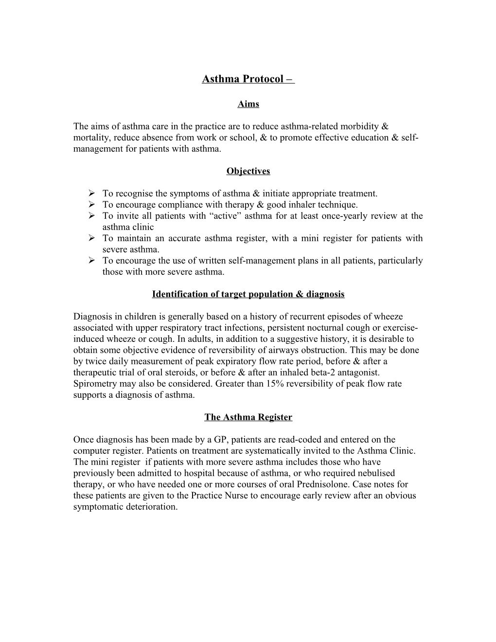 Asthma Protocol Leslie Medical Centre