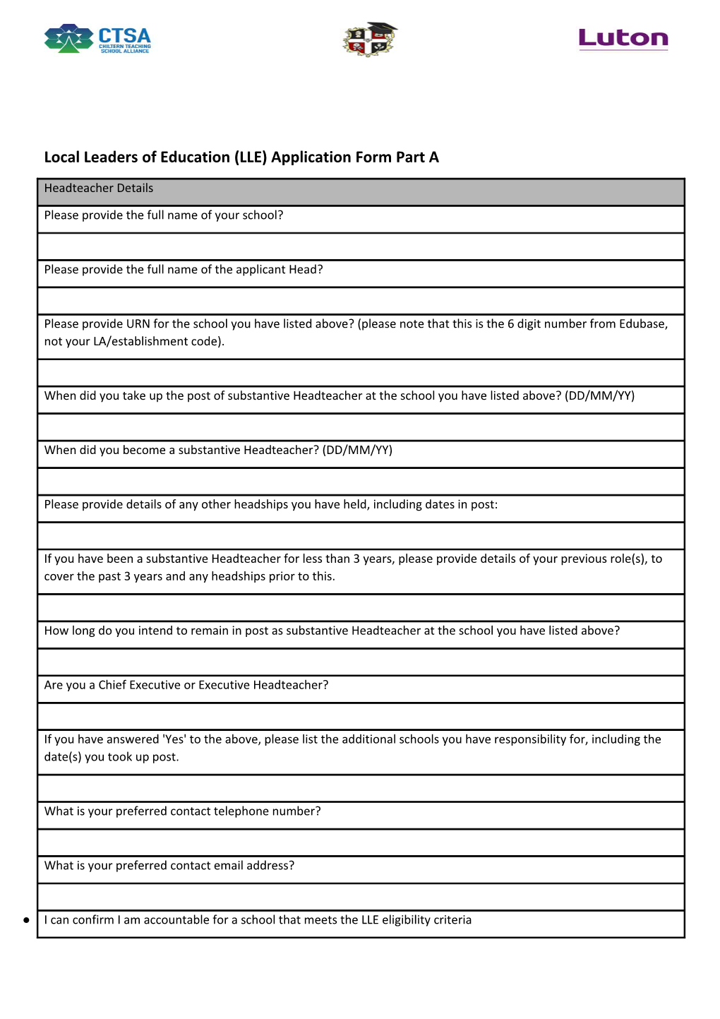 Local Leaders of Education (LLE) Application Form Part A