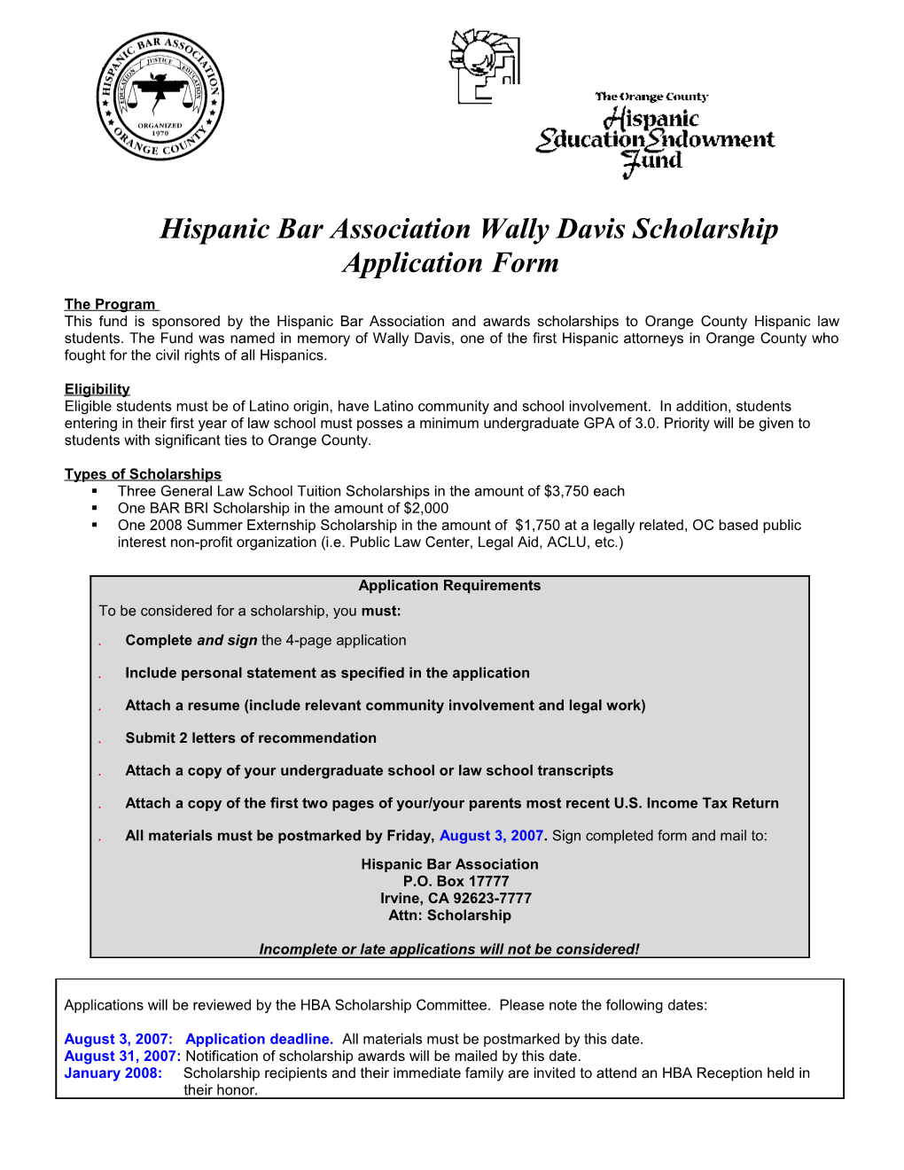 Hispanic Bar Association Wally Davis Scholarship Application Form
