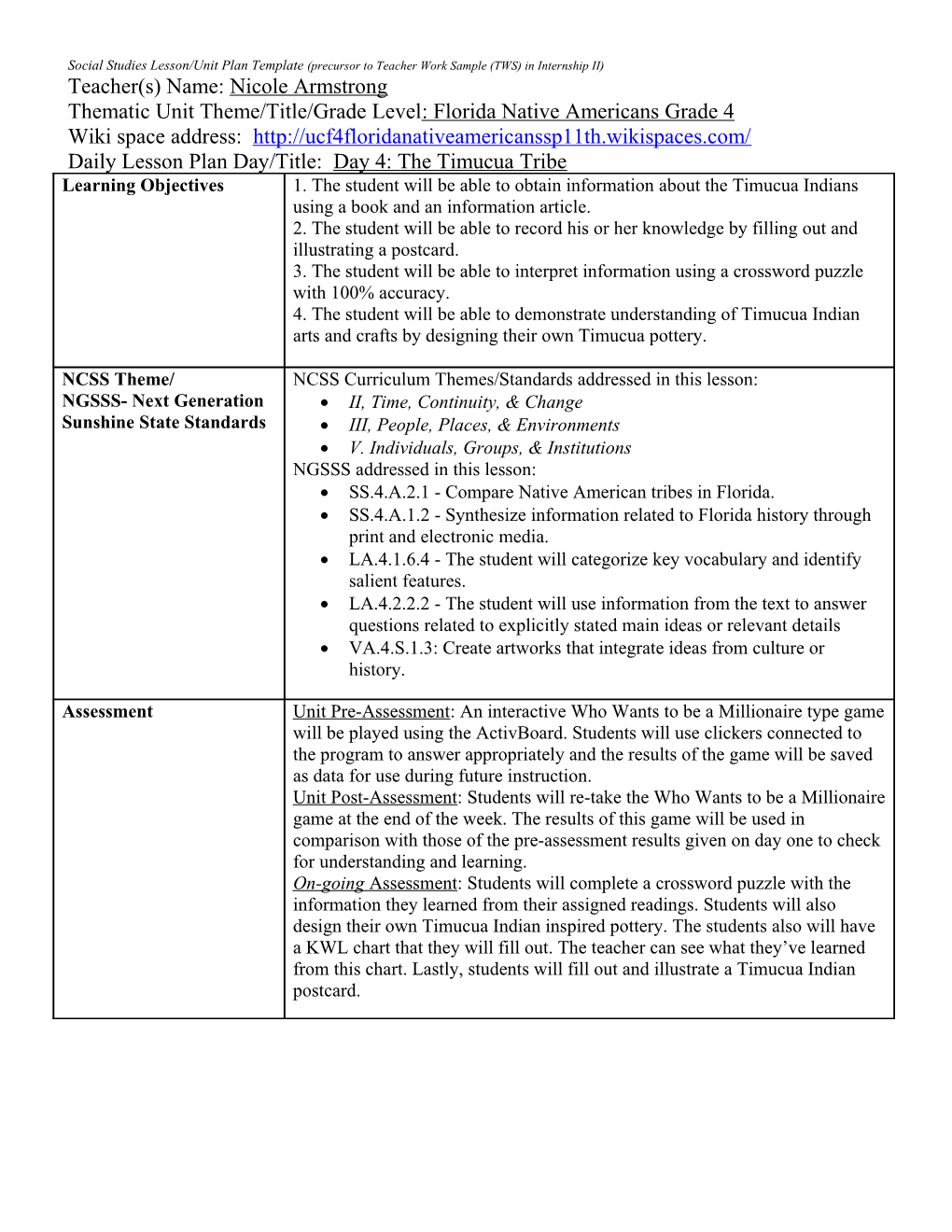 Social Studies Lesson/Unit Plan Template (Precursor to Teacher Work Sample (TWS) in Internship