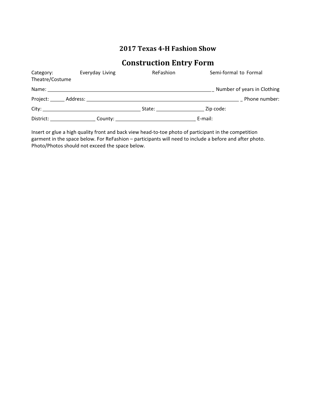 2017 Texas 4-H Fashion Show Construction Entry Form