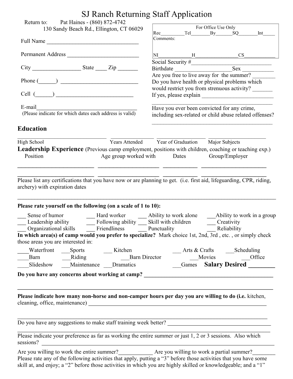 SJ Ranch Staff Application