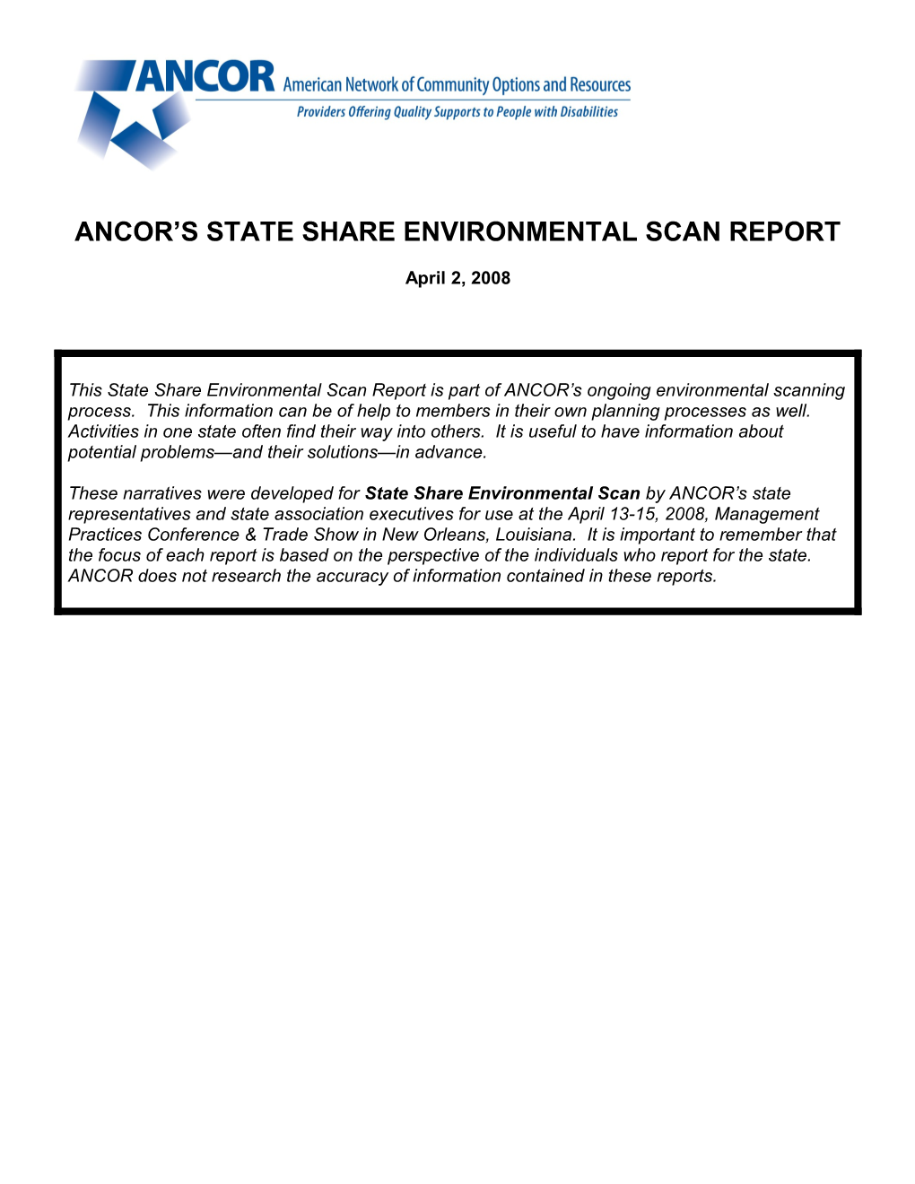 Ancor S State Share Environmental Scan Report
