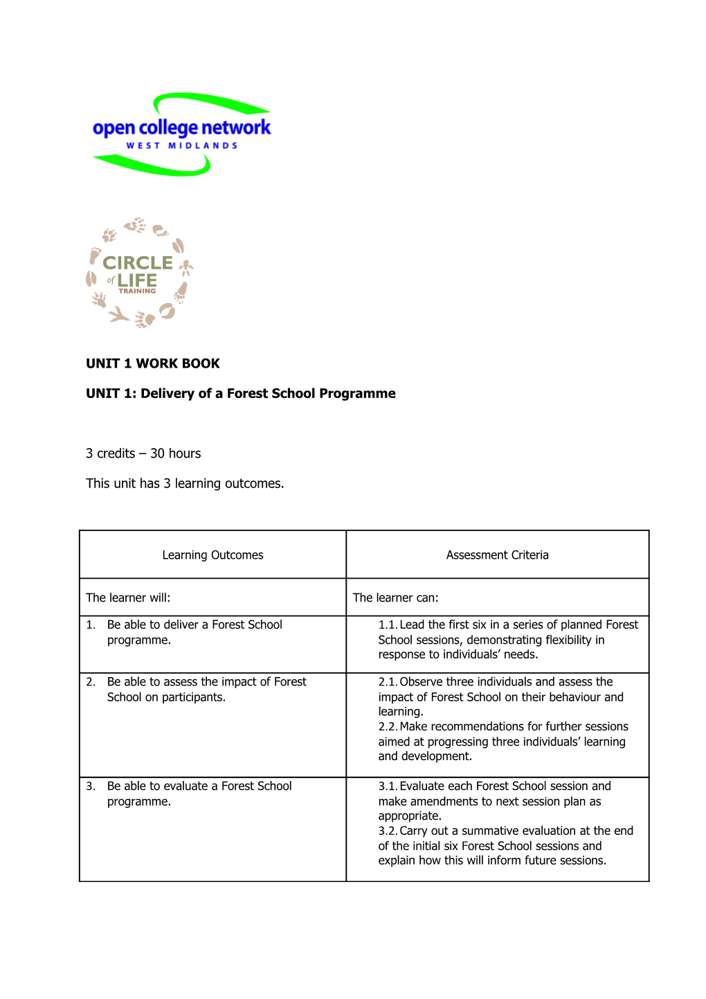 UNIT 1: Delivery of a Forest School Programme