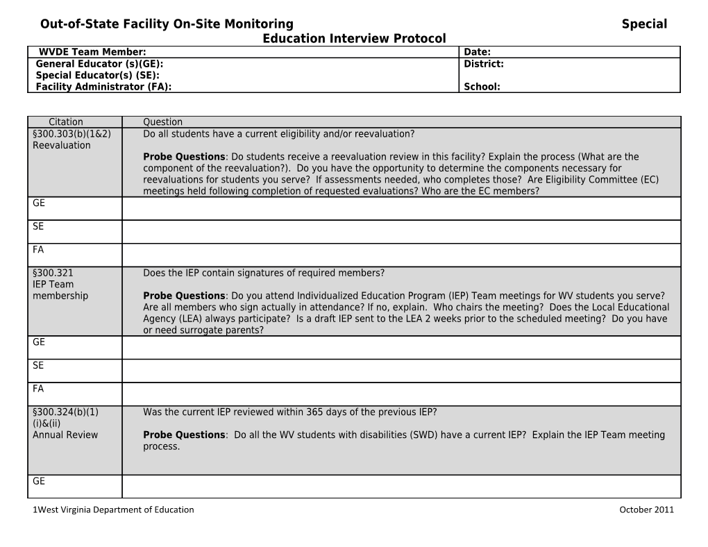 Out-Of-State Facility On-Site Monitoring Special Education Interview Protocol