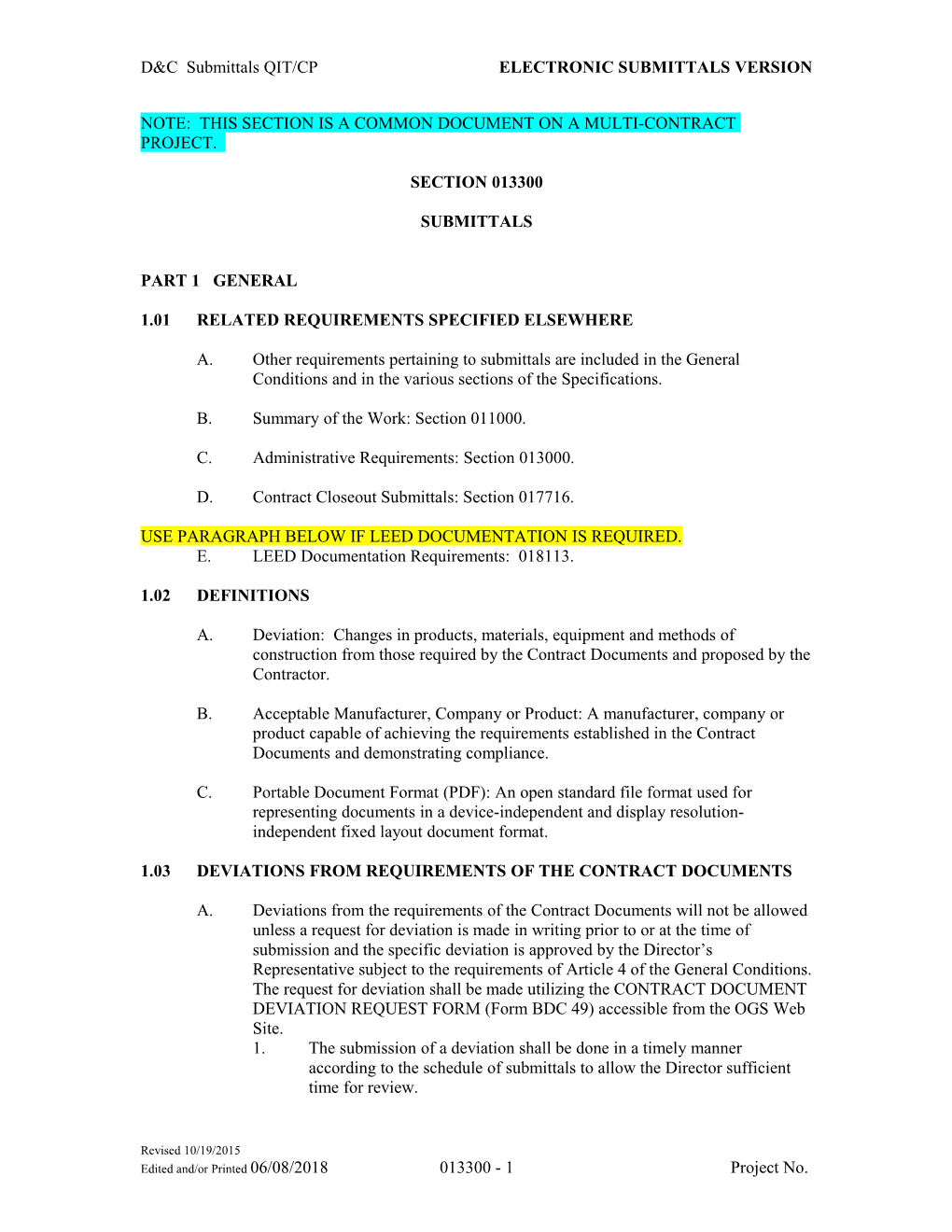 D&C Submittals QIT/CP ELECTRONIC SUBMITTALS VERSION