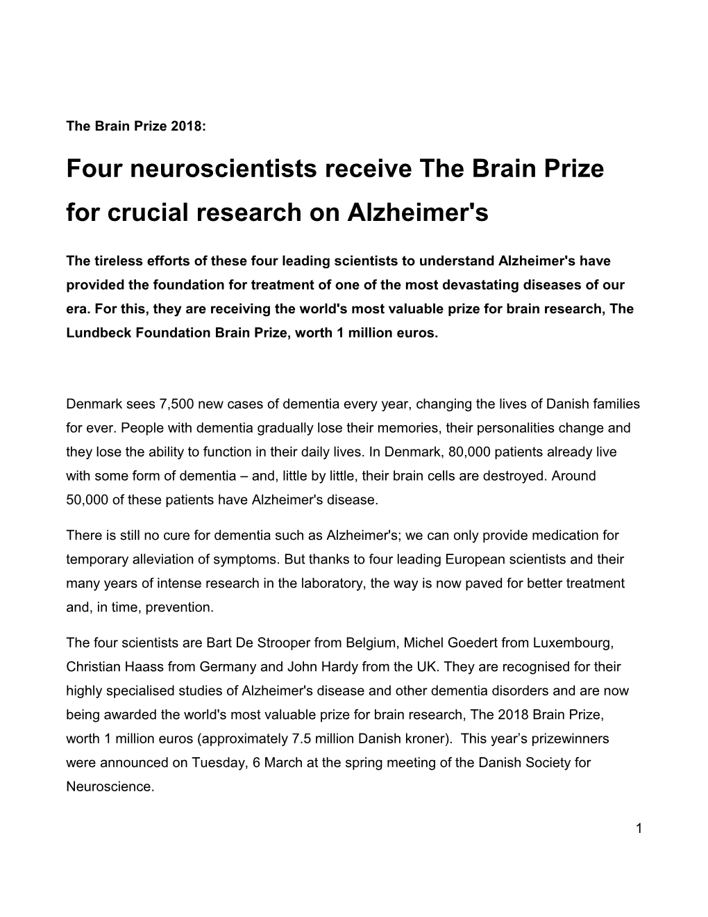 Four Neuroscientists Receive the Brain Prize for Crucial Research on Alzheimer's