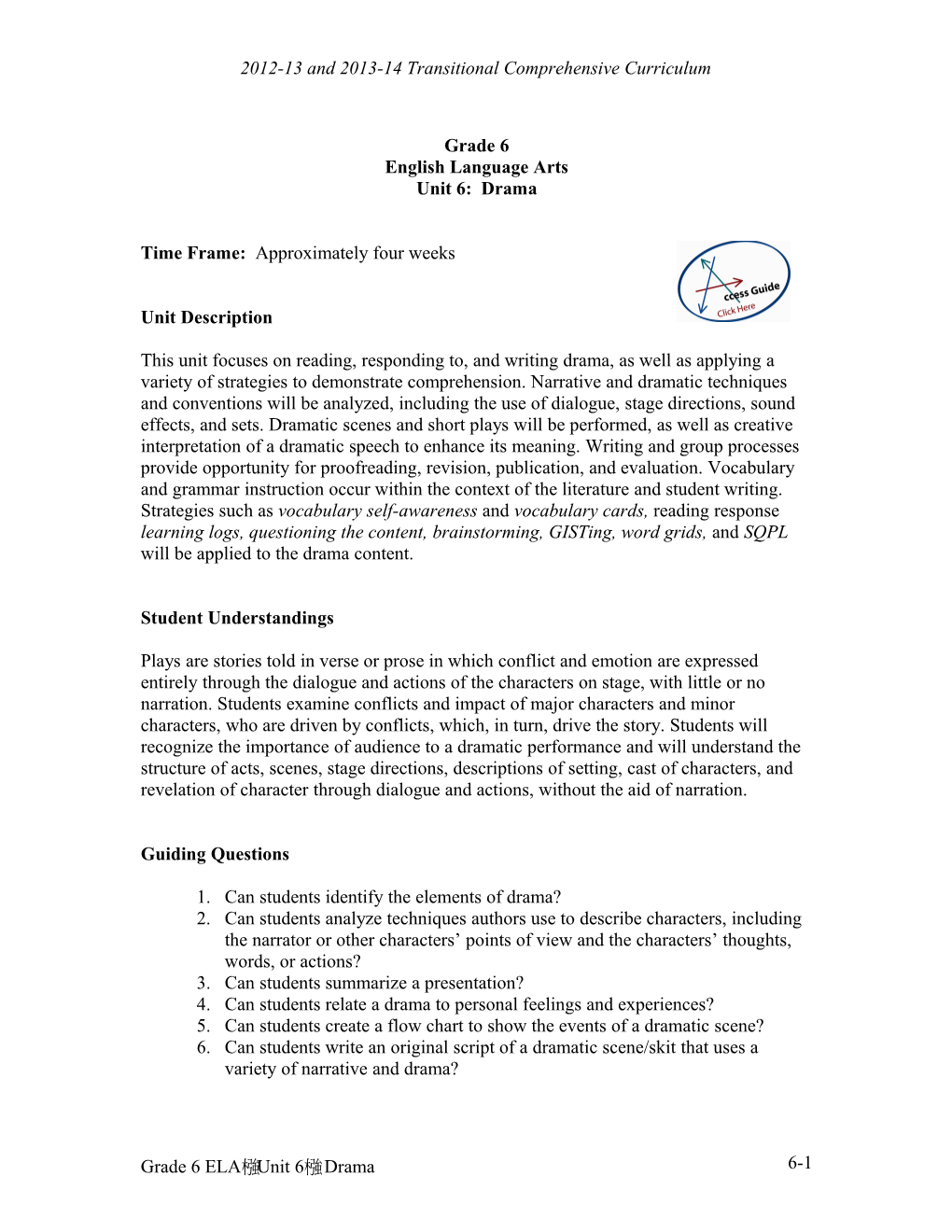 2012-13 and 2013-14 Transitional Comprehensive Curriculum