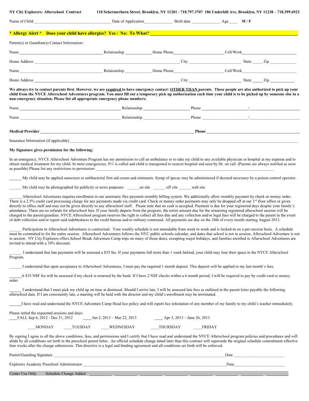 Children S Time Preschool Enrollment Contract