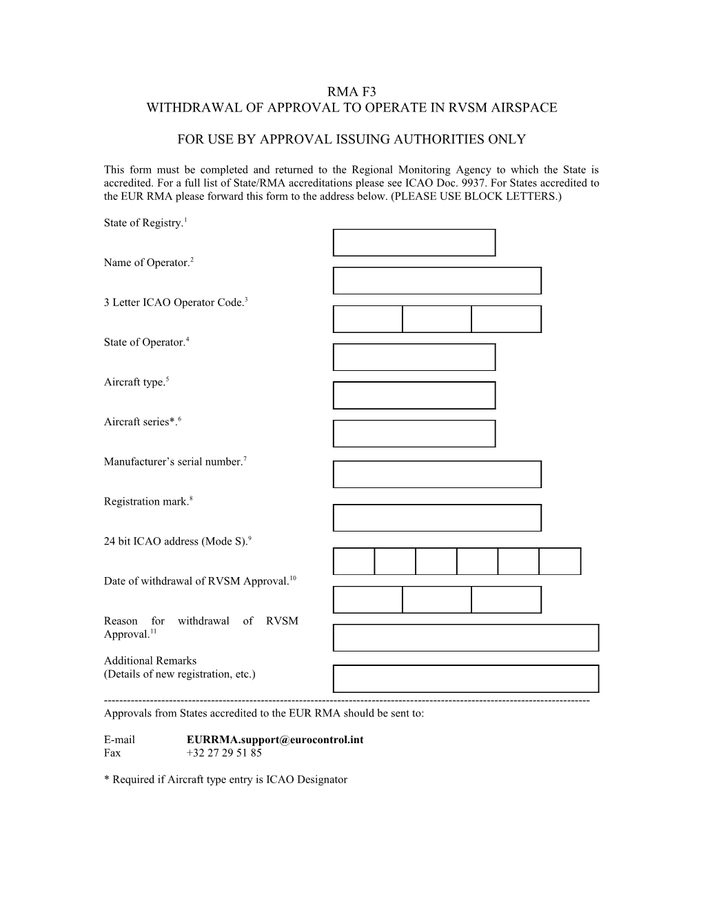 Withdrawal of Approval to Operate in Rvsm Airspace