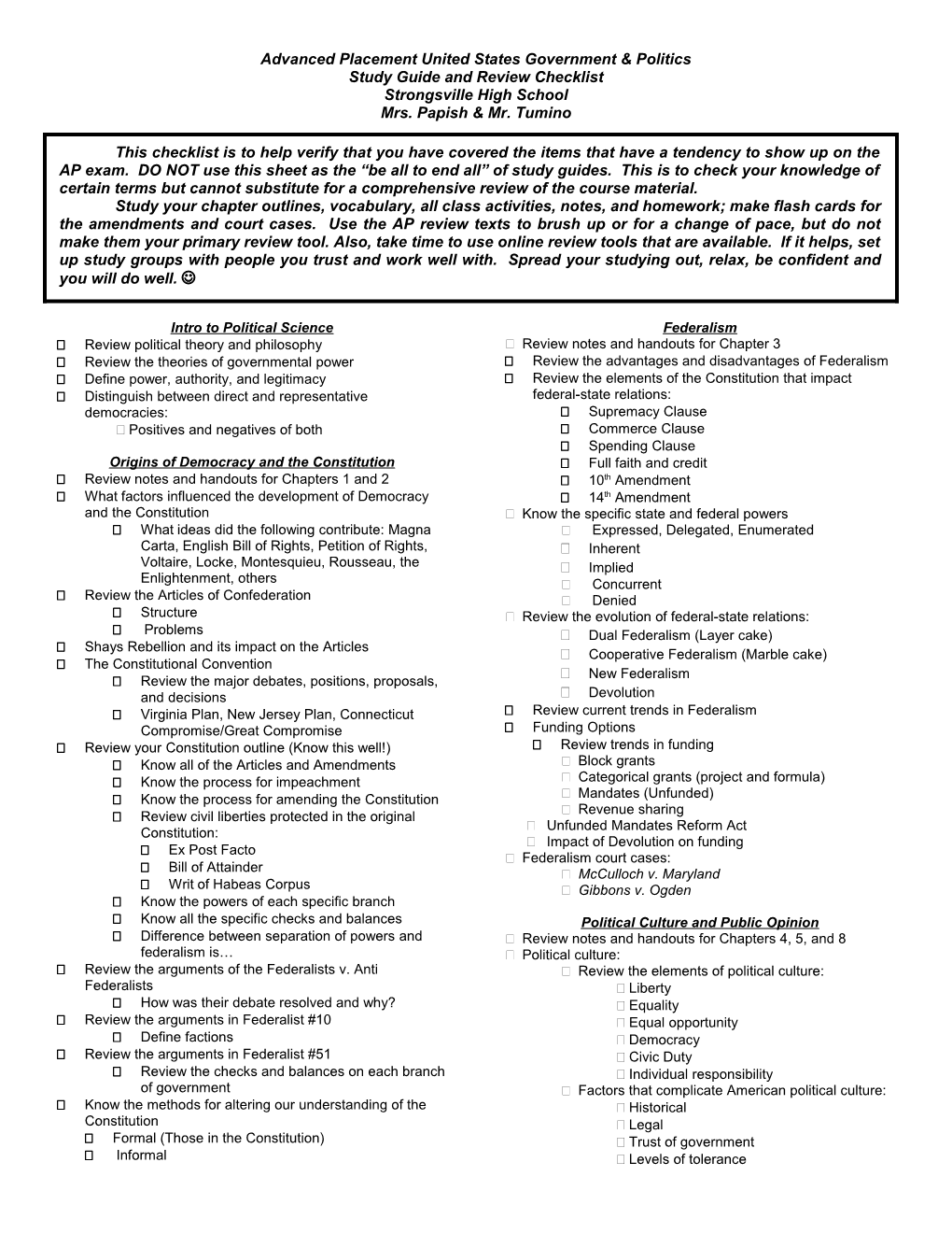 AP Government and Politics Checklist