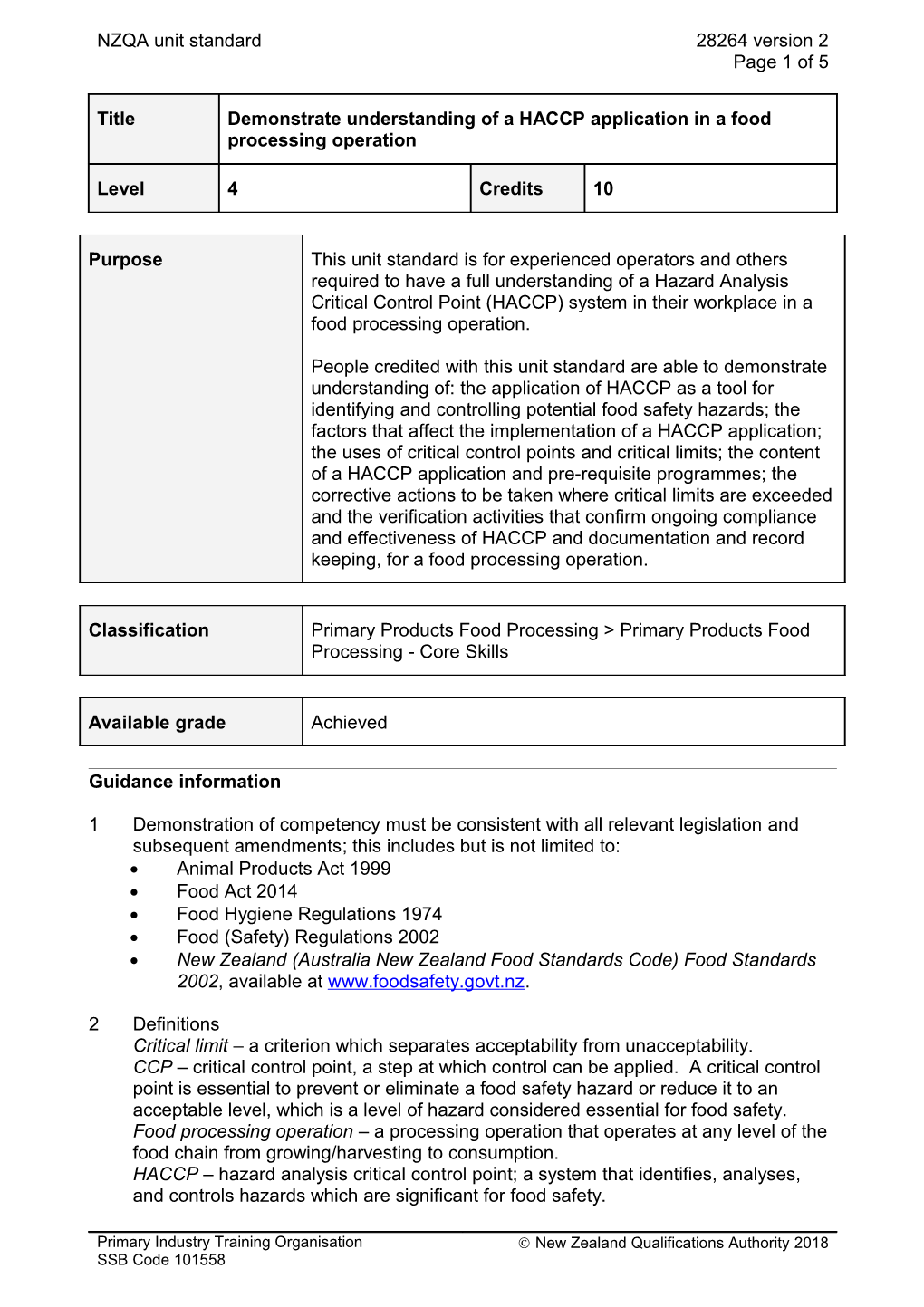 28264 Demonstrate Understanding of a HACCP Application in a Food Processing Operation