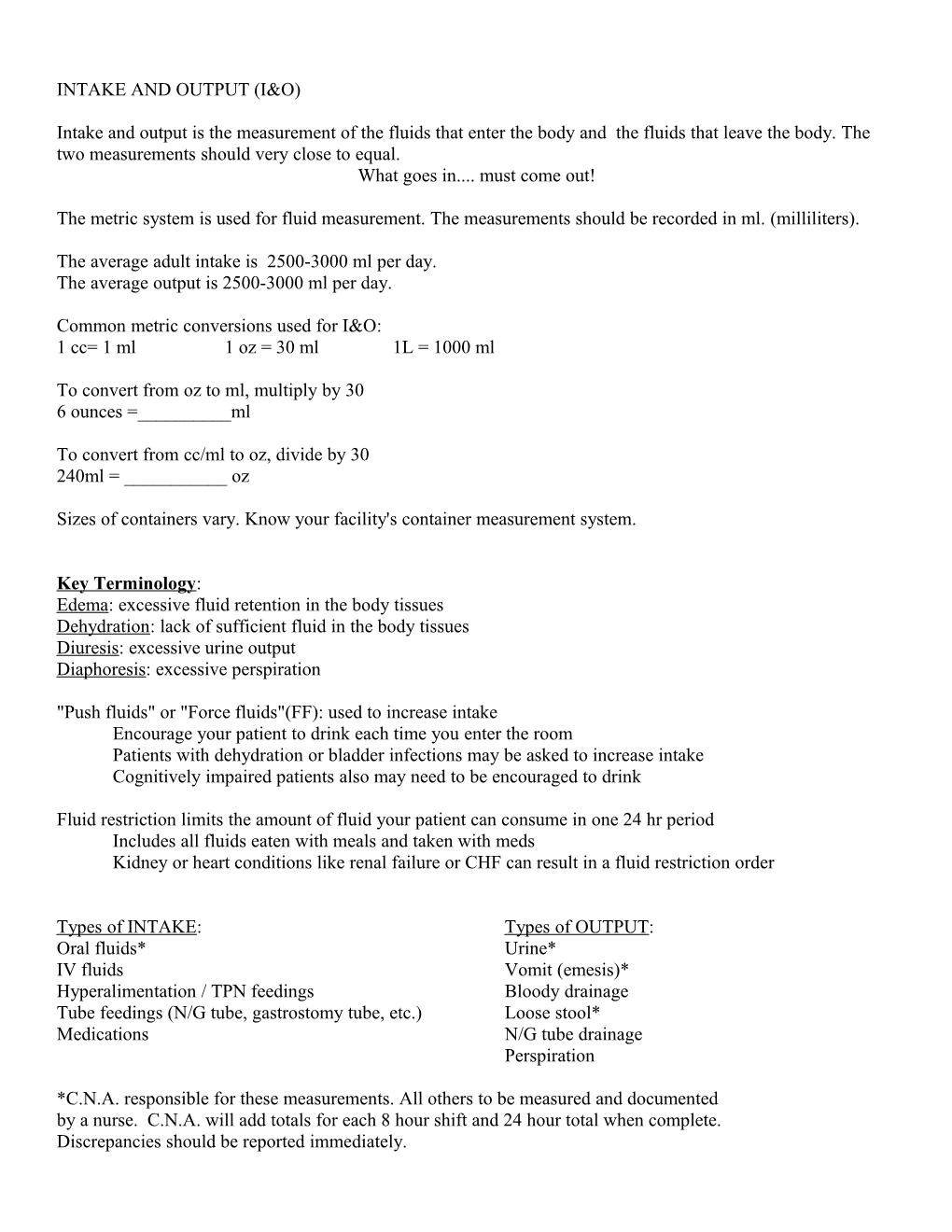 Intake and Output (I&O)