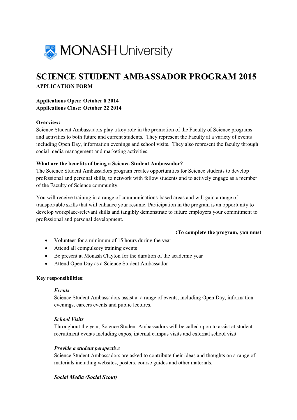 Science Student Ambassador Program 2015