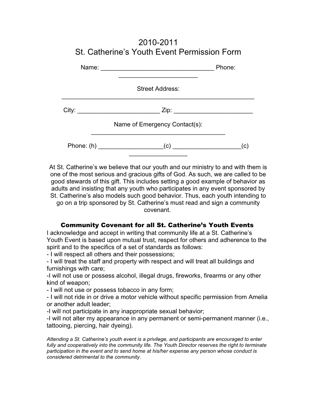St. Catherine S Youth Event Permission Form