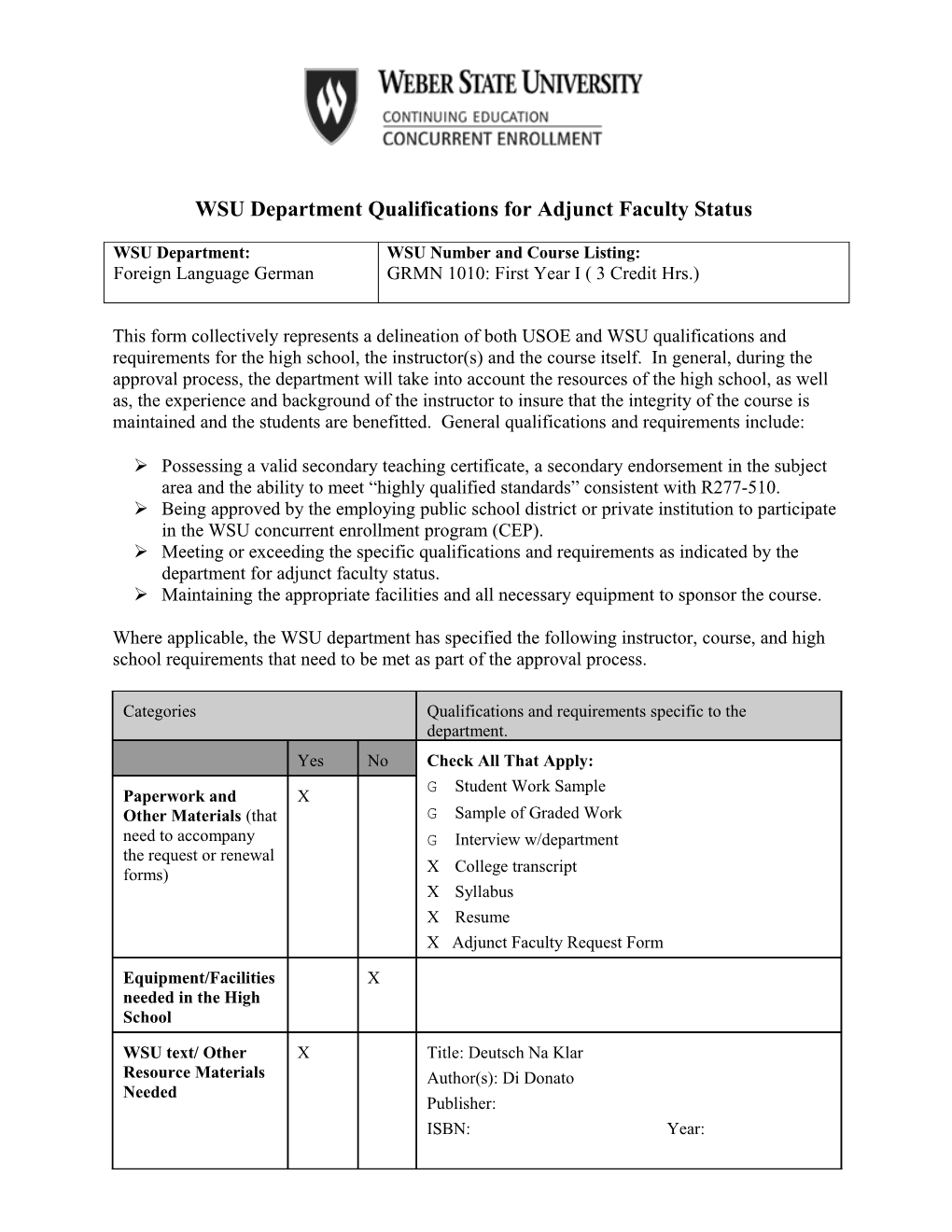 WSU Department Qualifications for Adjunct Faculty Status