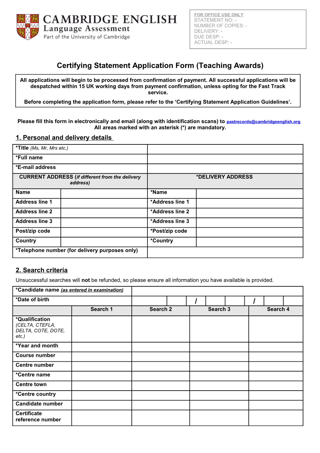 1. Personal and Delivery Details