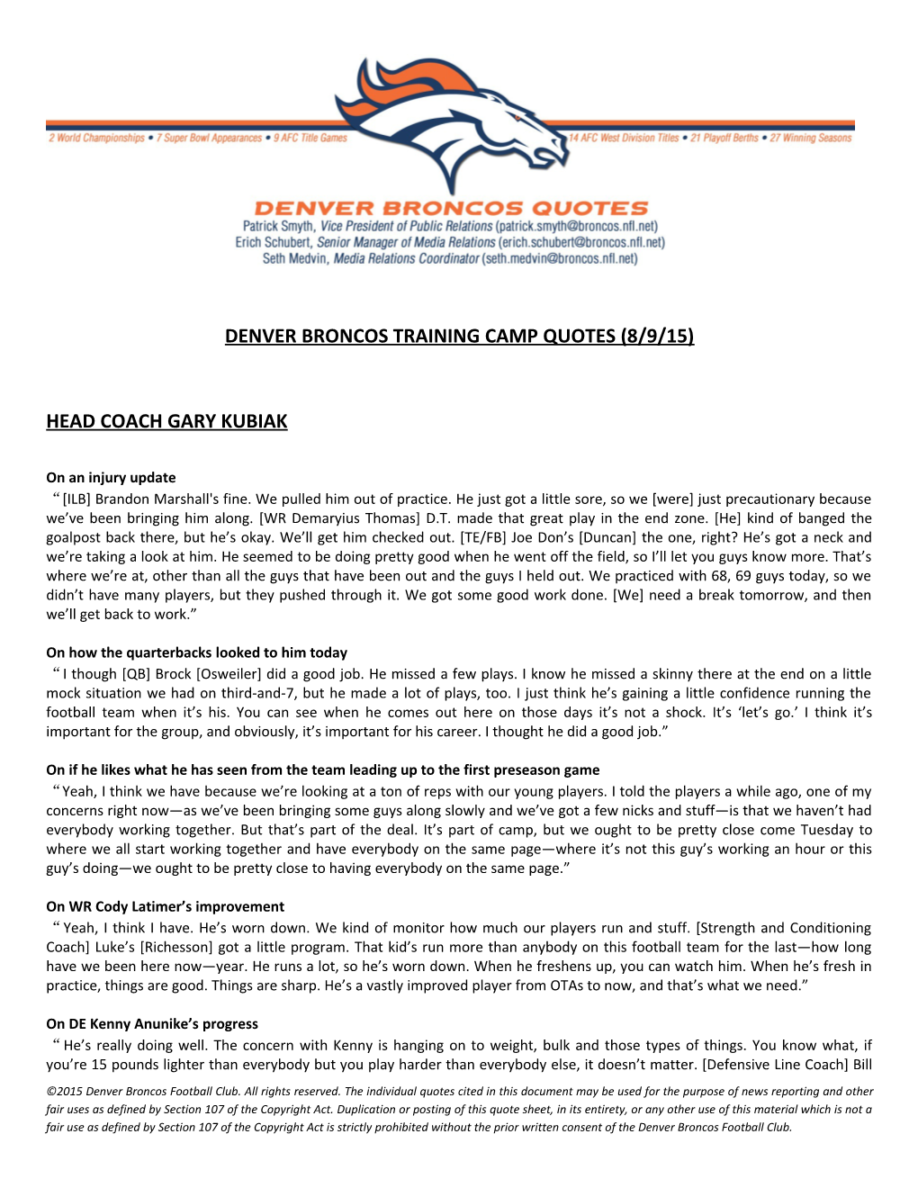 Denver Broncos Training Camp Quotes (8/9/15)