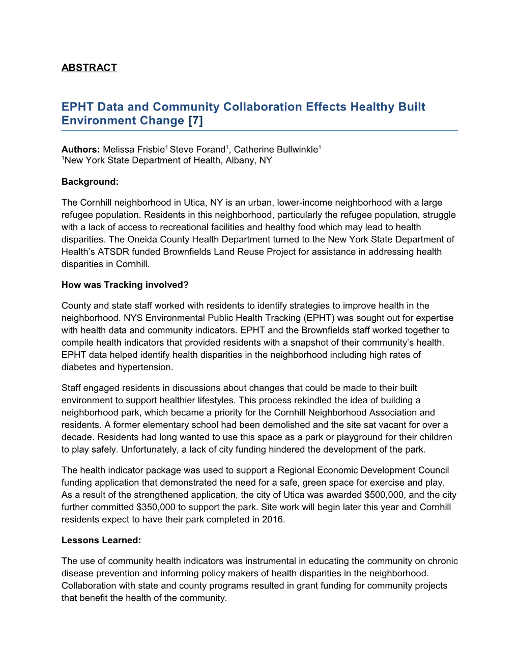 EPHT Data and Community Collaboration Effects Healthy Built Environment Change 7