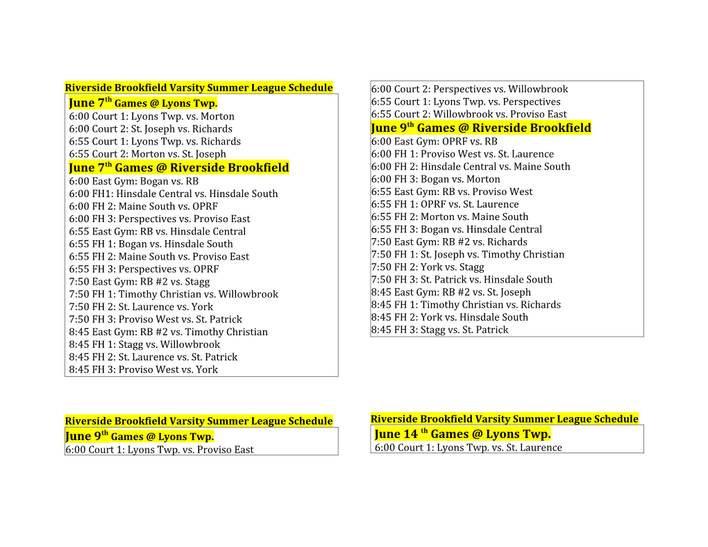 Riverside Brookfield Varsity Summer League Schedule