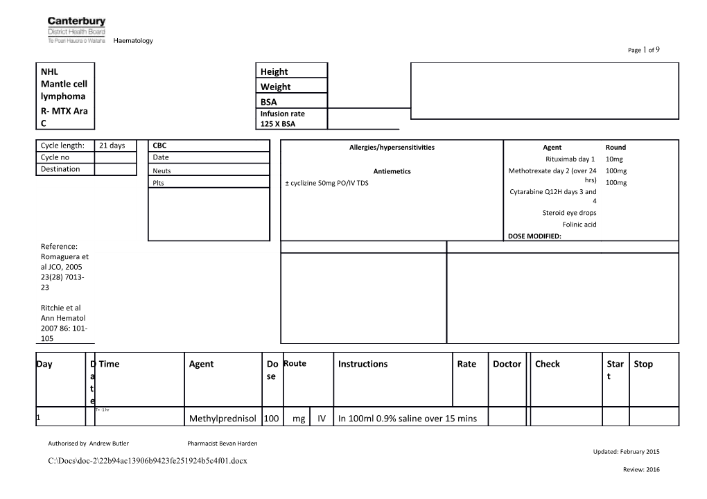 Chemotherapy Charts NHL Mantle Cell R MTX Cytarabine