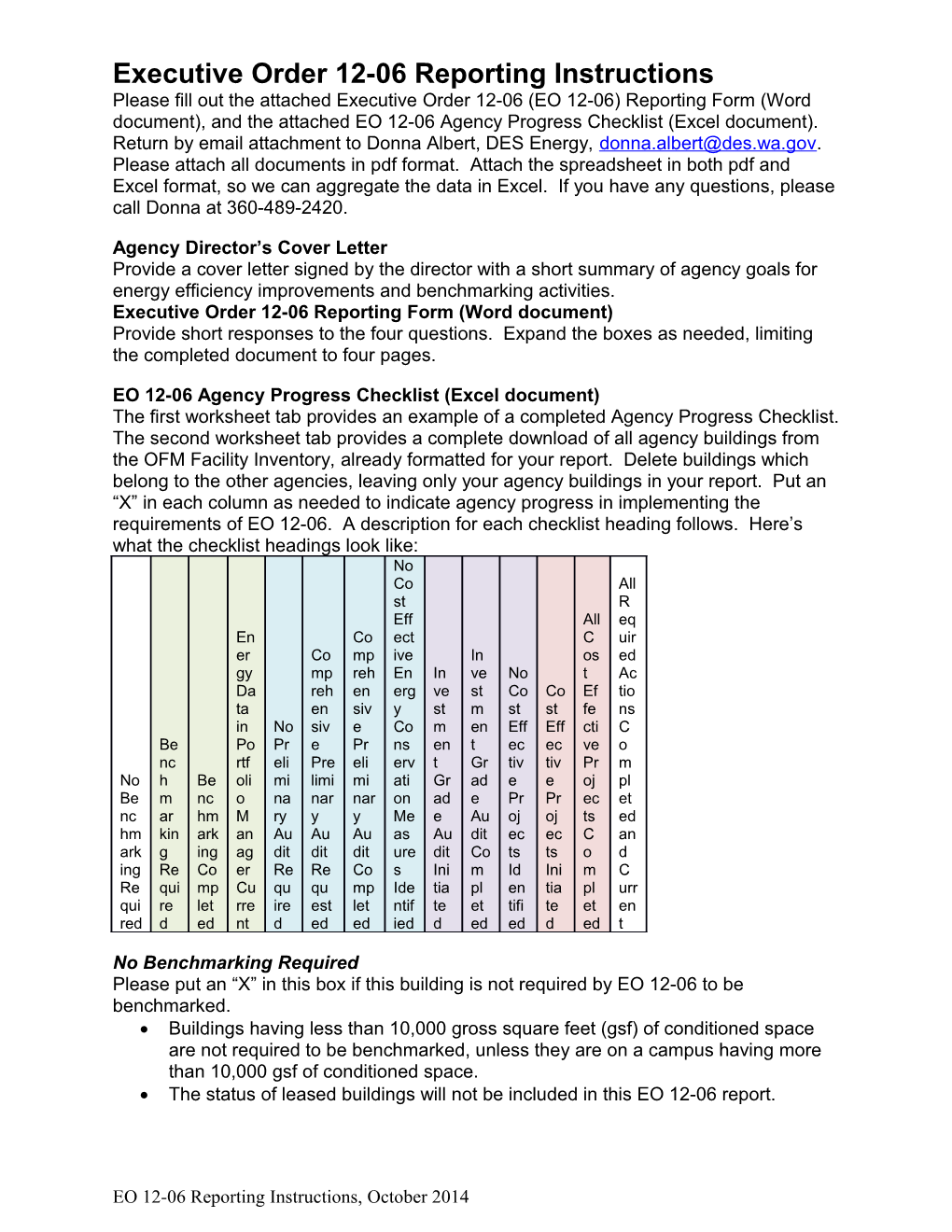 Executive Order 12-06 Reporting Form Instructions October 2014