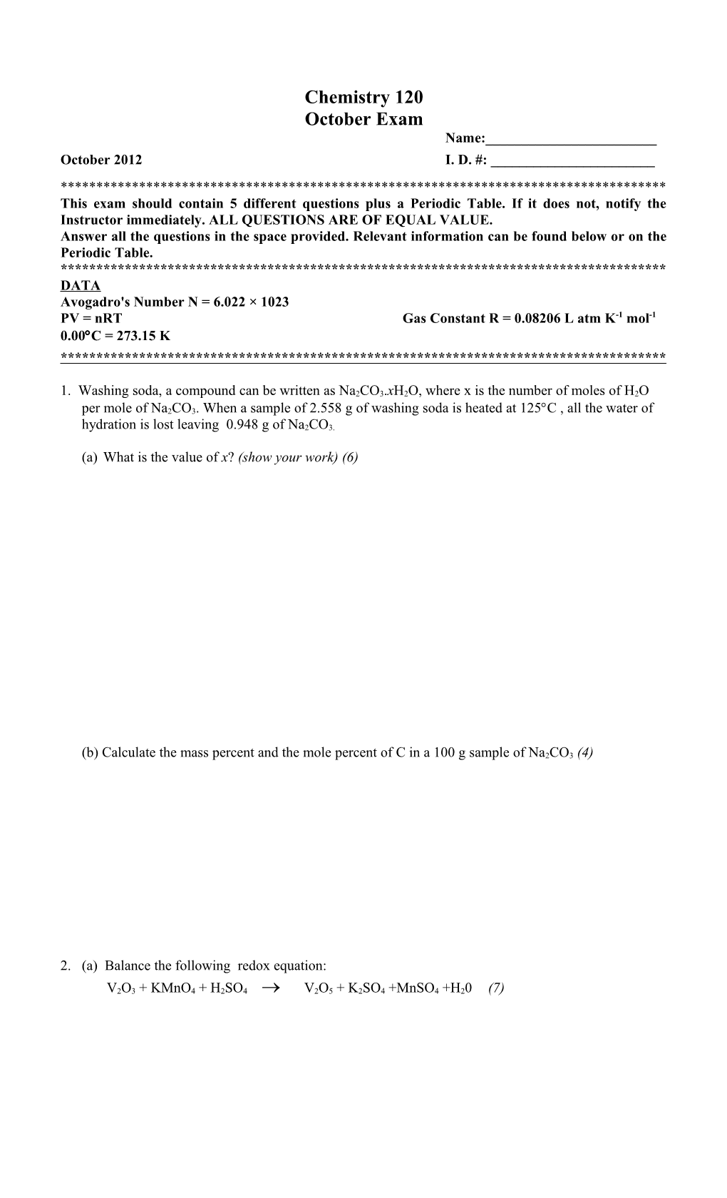 Chemistry 120 October Exam 2010 Page 2