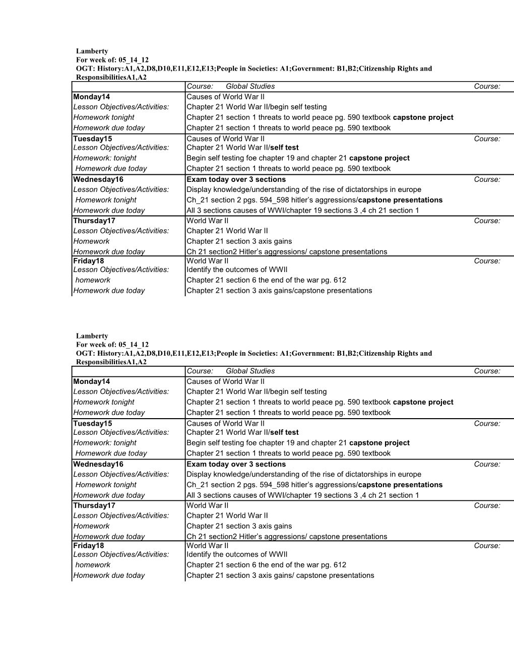 Strongsville High School Lesson Plan Form