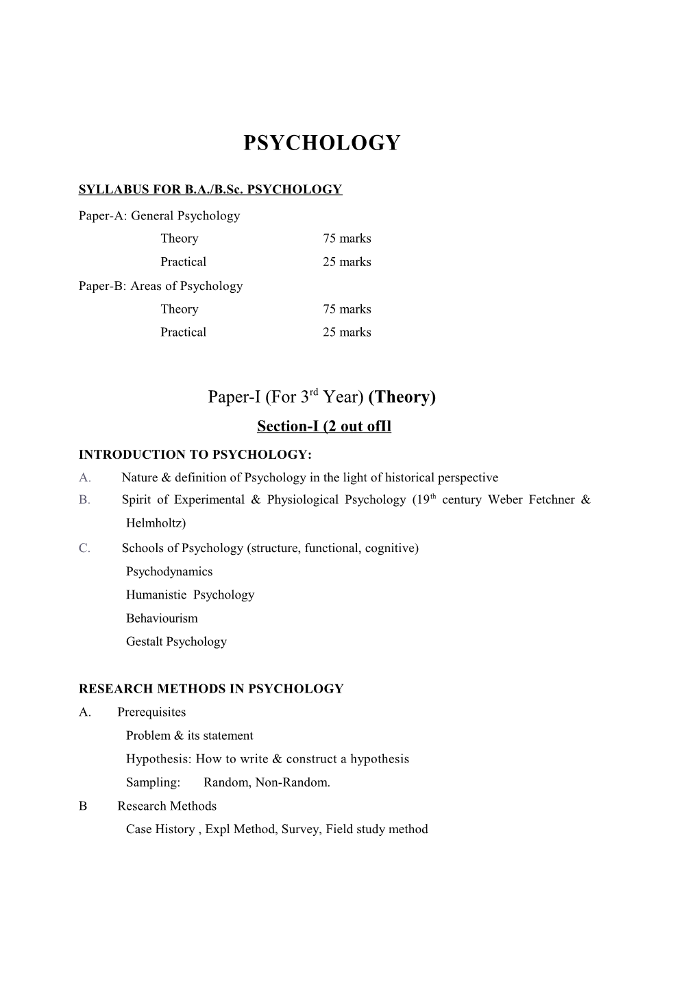 SYLLABUS for B.A./B.Sc. PSYCHOLOGY