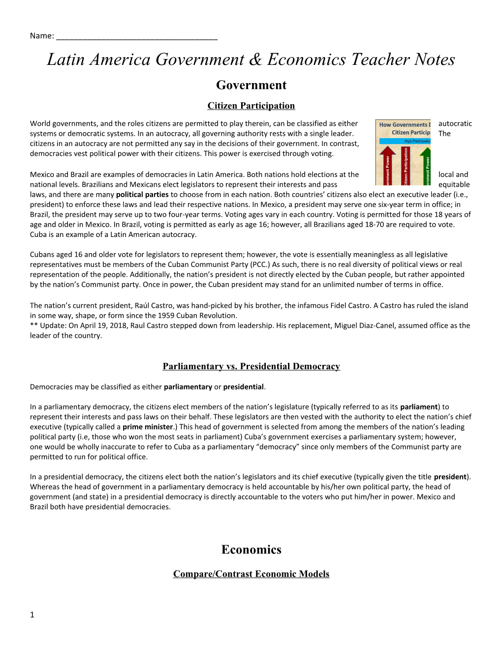 Latin America Government & Economics Teacher Notes