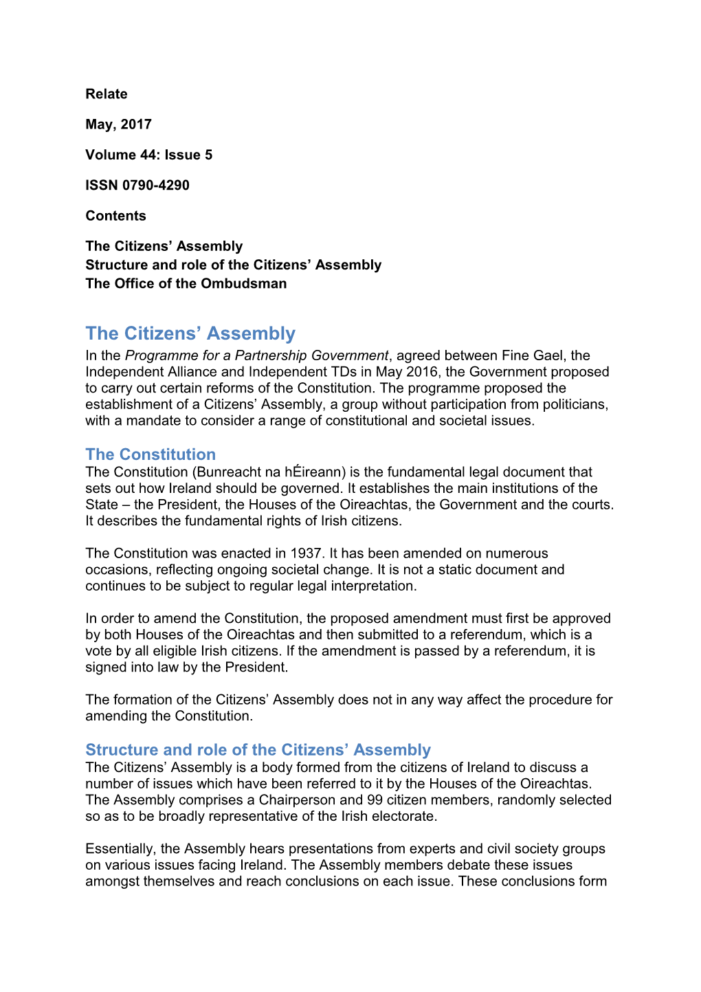 The Citizens Assembly Structure and Role of the Citizens Assembly the Office of the Ombudsman