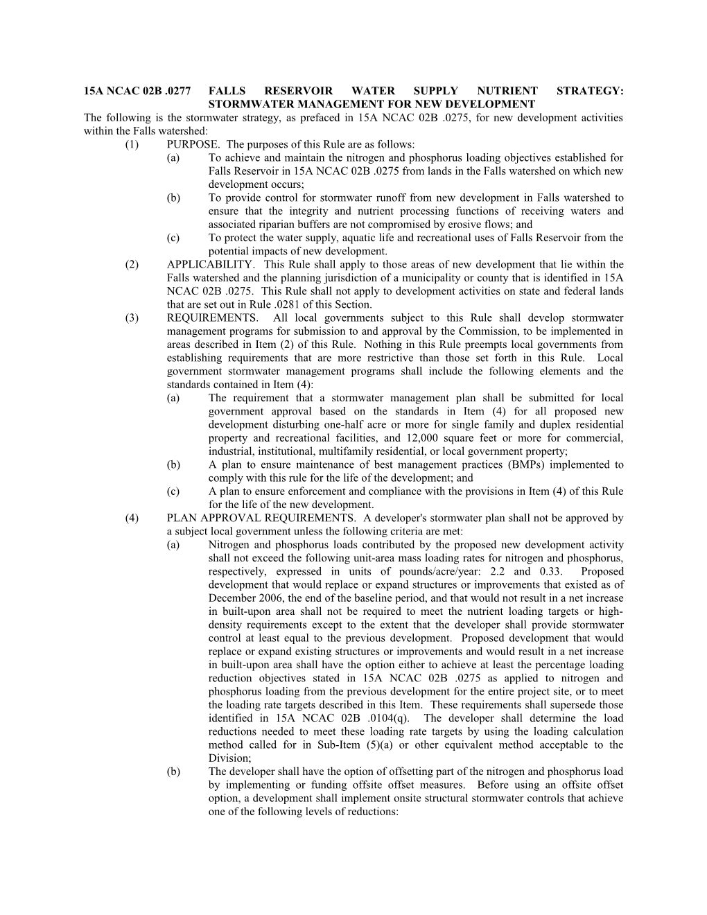 15A Ncac 02B .0277Falls Reservoir Water Supply Nutrient Strategy: Stormwater Management