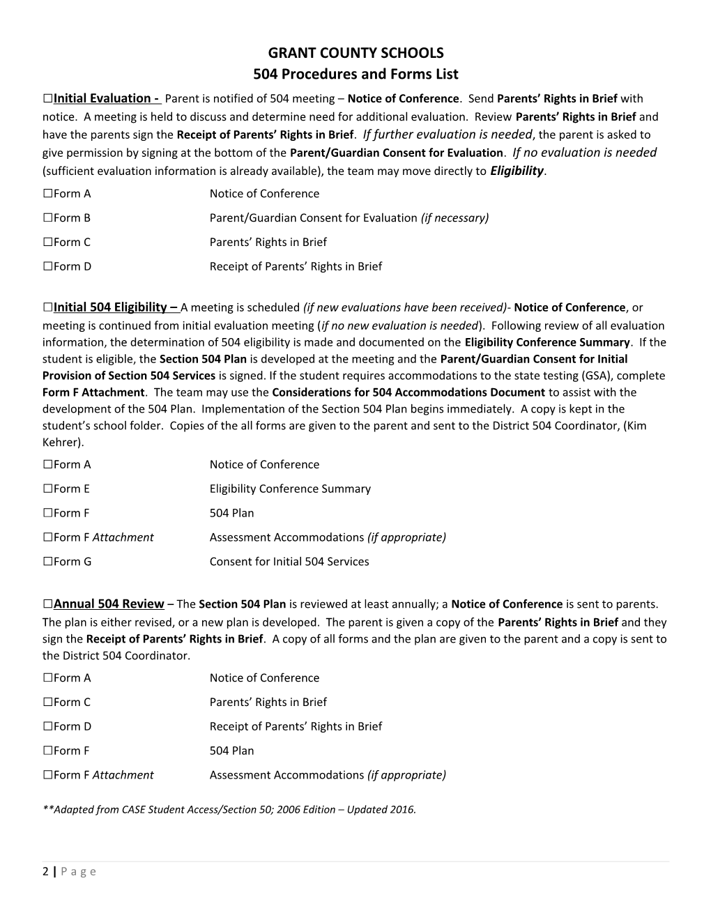 504 Procedures and Forms List