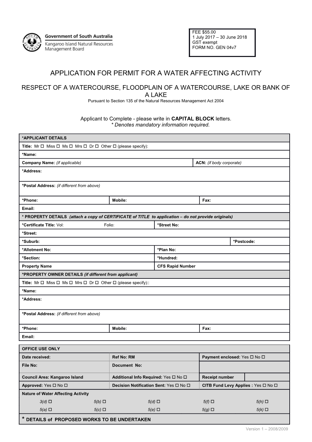 Application for Permit for a Water Affecting Activity