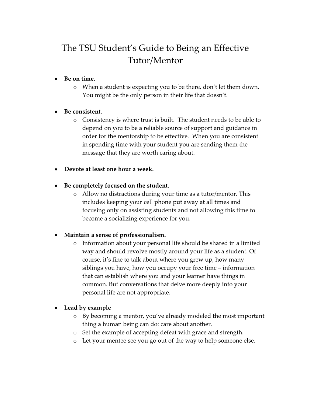 The TSU Student S Guide to Being an Effective Tutor/Mentor