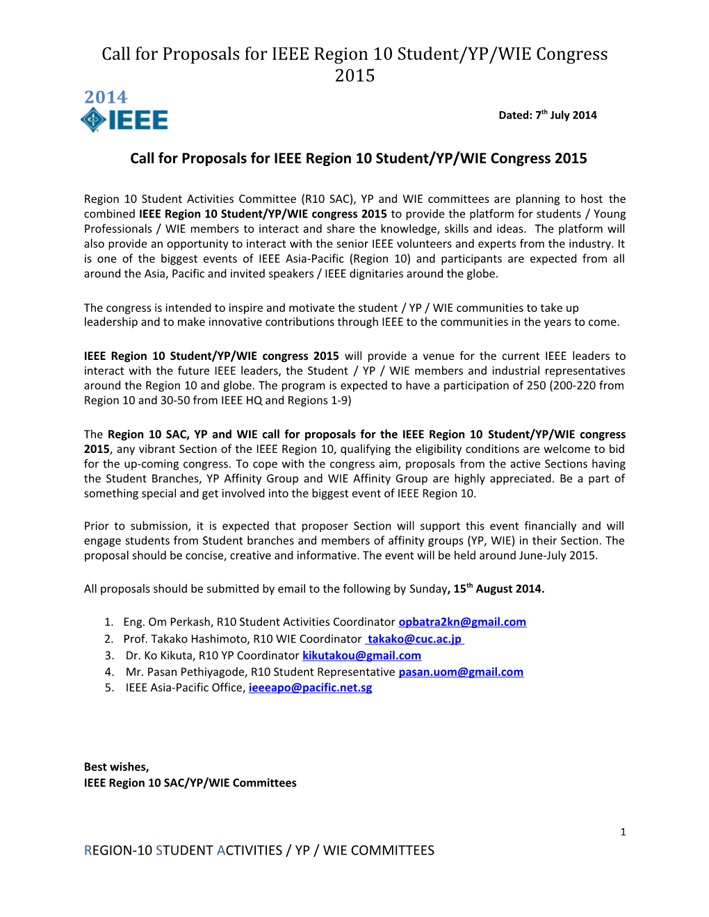 Call for Proposals for IEEE Region 10 Student/GOLD/WIE Congress 2013