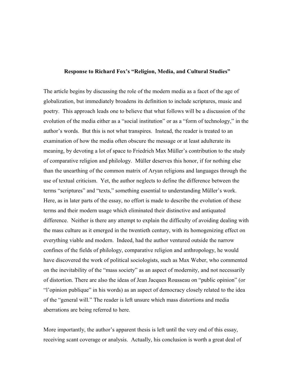 Response to Richard Fox S Religion, Media, and Cultural Studies