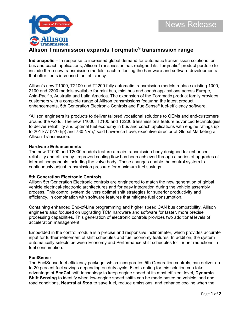 Allison Transmission Expands Torqmatic Transmission Range