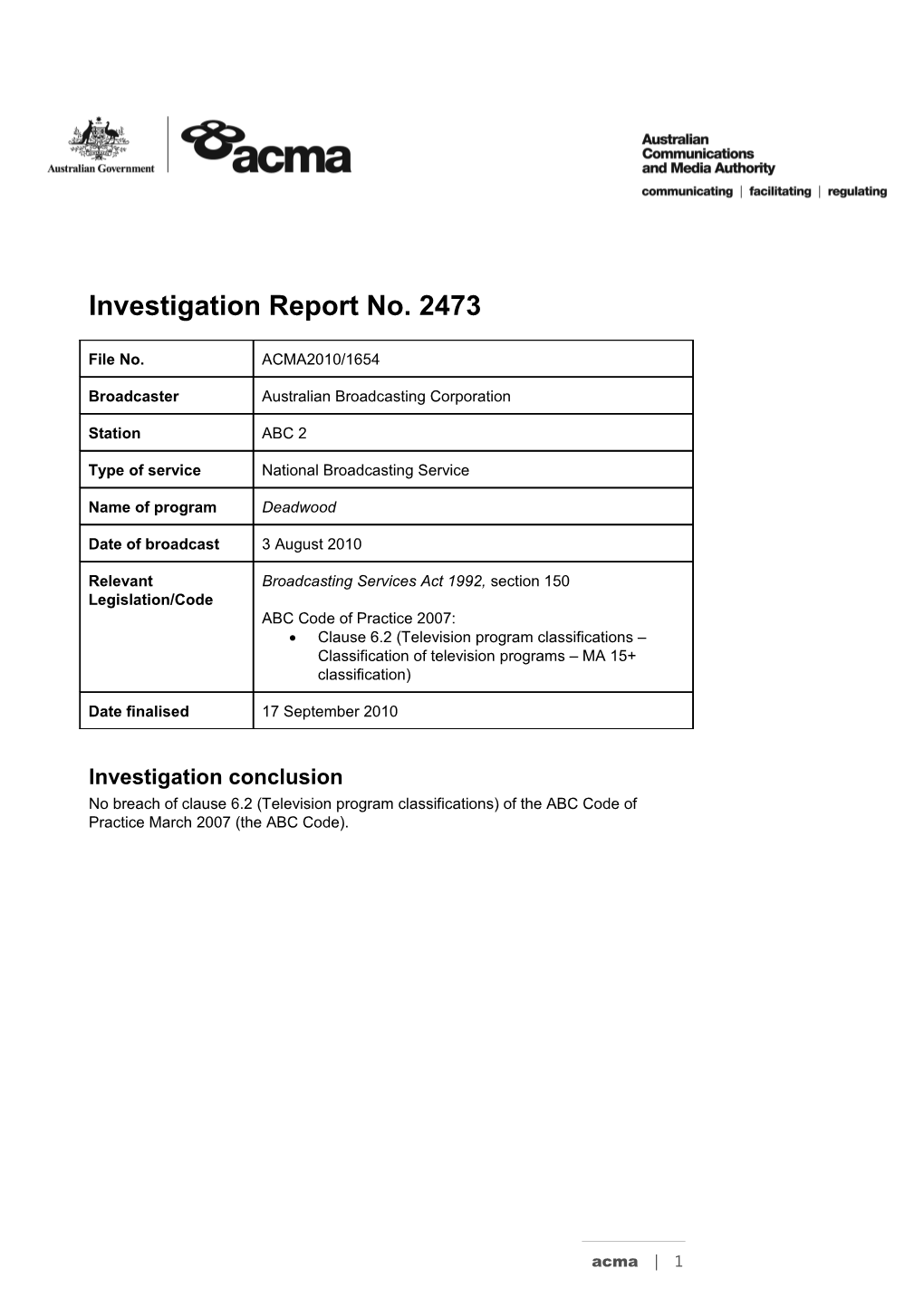 ABC 2 - ACMA Investigation Report 2473