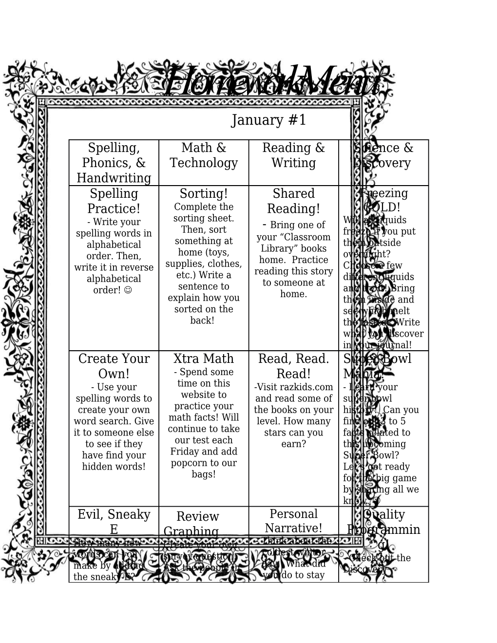 Homework Menu