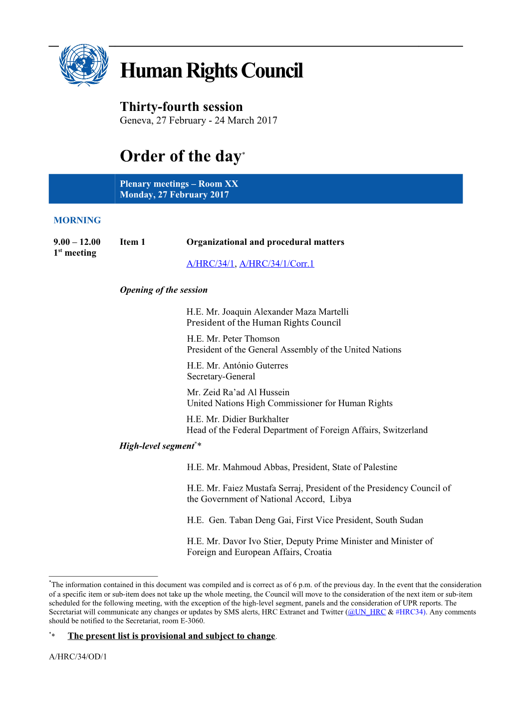 Order of the Day, Monday, 27 February 2017